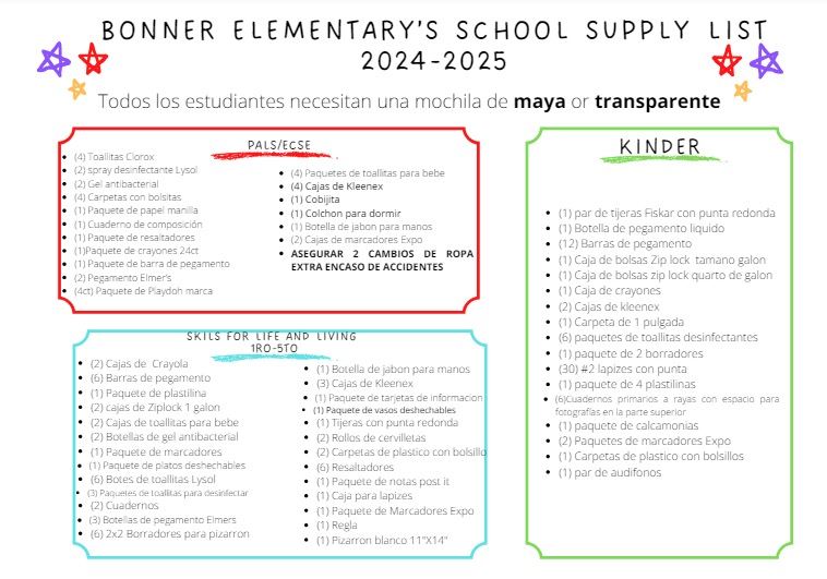  Lista de Útiles Escolares Para Kinder, PALS y habilidades para la vida 